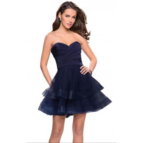 LA FEMME Tiered Tulle Minidress DRESS SIZE 2 $250 NAVY BLUE NWOT - Picture 1 of 8